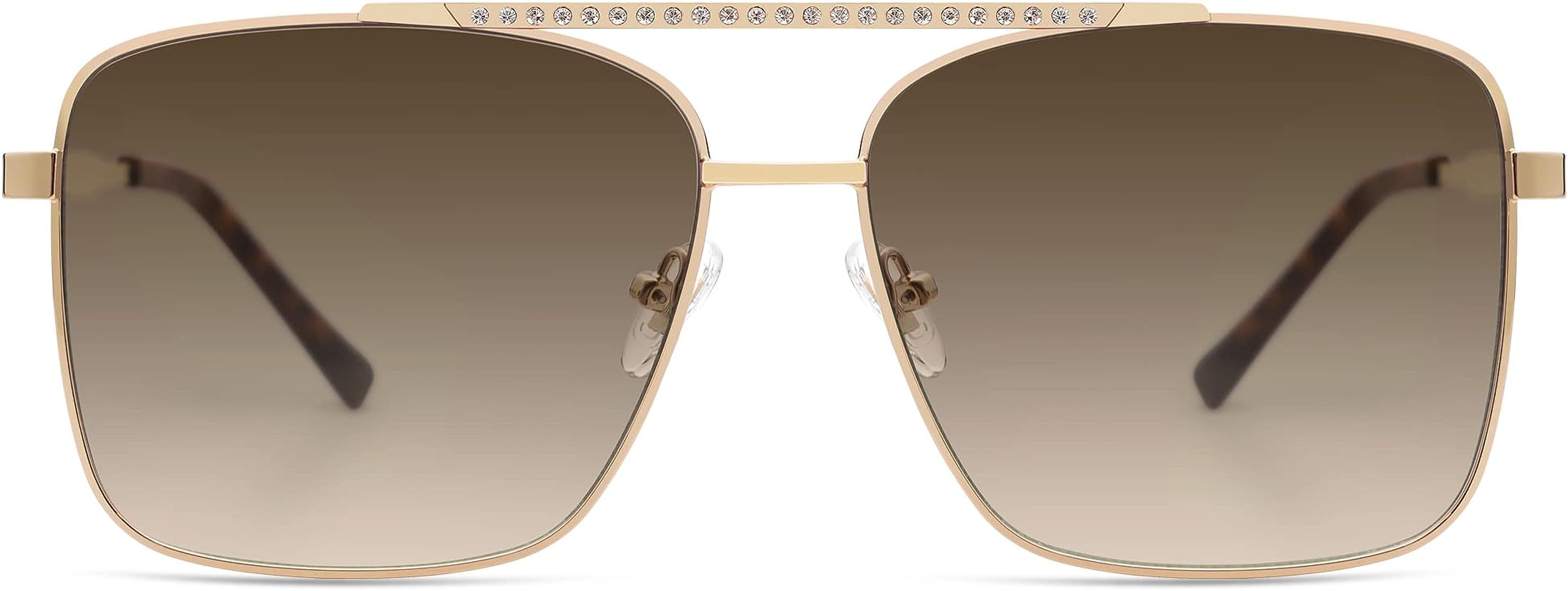 SOJOS Trendy Aviator Sunglasses Womens Oversized Retro Rhinestone Double Bridge Square Women Shades  | Amazon (US)