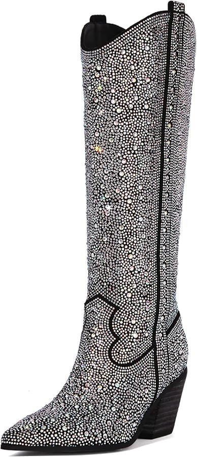 Ouepiano Women's Cowboy Boots Cowgirl Ankle Boots Western Rhinestones Boots Pointed Toe Low Chunk... | Amazon (US)