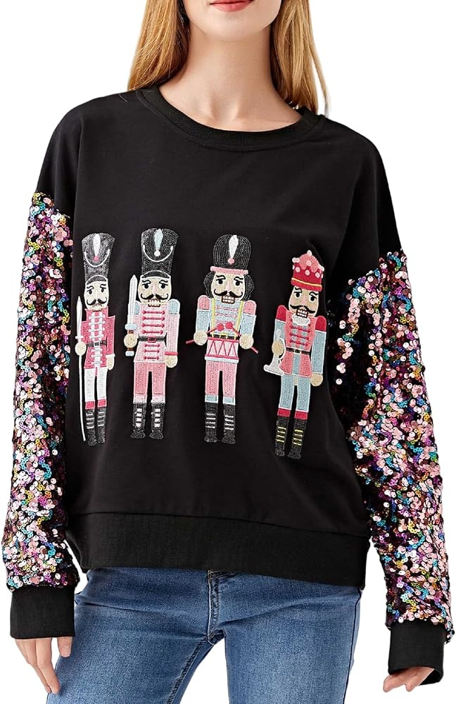 Faretumiya Women Sparkle Sequin Christmas Sweatshirt Santa Graphic Crewneck Sweater Long Sleeve X... | Amazon (US)