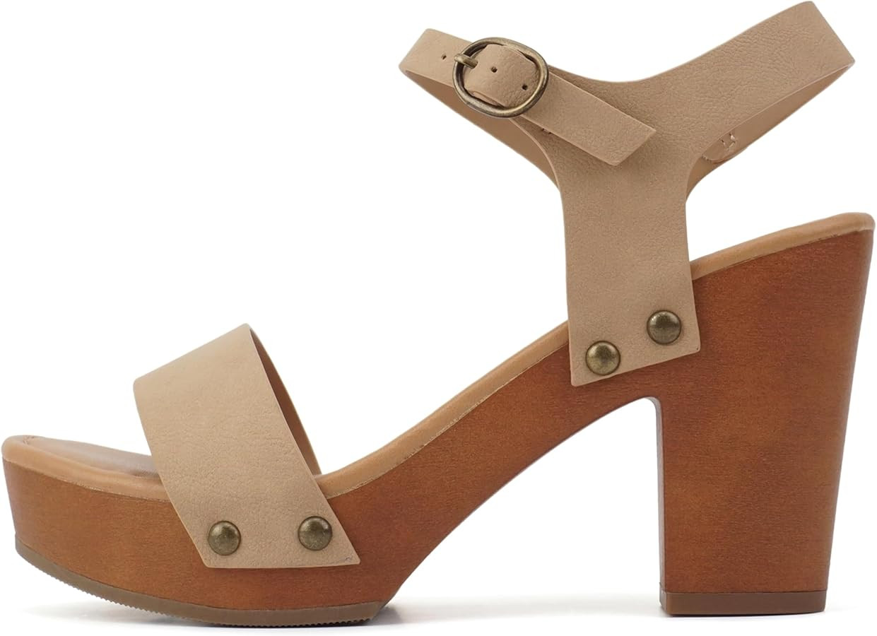 Soda CHIVAS ~ Women's Bold Buckles Studded Wedge Sandal | Amazon (US)