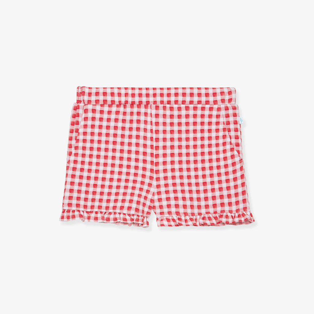 Vichy Check Red Toddler Girl Ruffled Terry Shorts | Watercolor Gingham | Posh Peanut