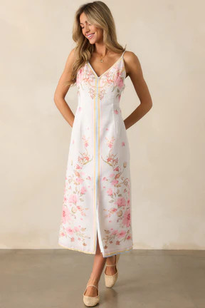 Enchanted Bloom Ivory Multi Floral Midi Dress | Red Dress