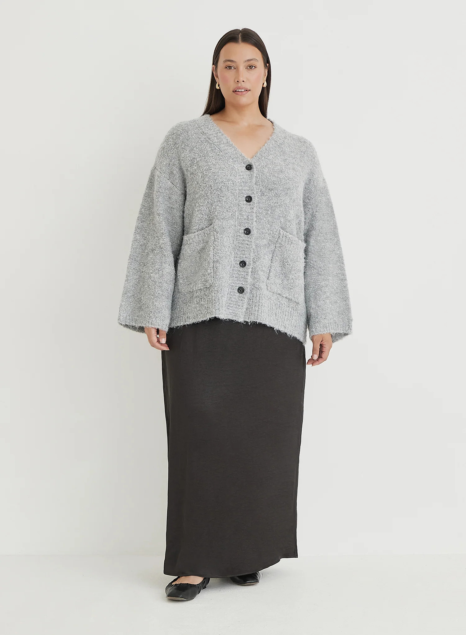Grey Plus Size Brushed Knit Cardigan- Lidia | 4th & Reckless