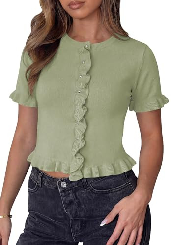 Balimtoy Womens Ruffle Cardigan Short Sleeve Button Down Lightweight Sweater Shirt Cute Summer Kn... | Amazon (US)