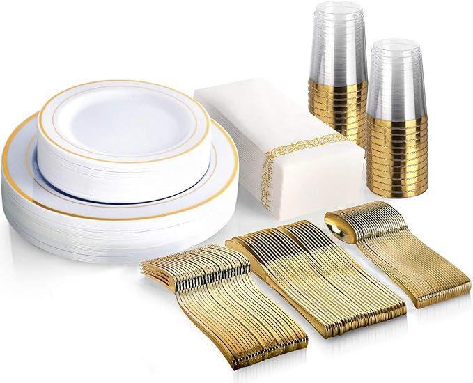 175 Piece Gold Dinnerware Set - 50 Gold Rim Plastic Plates - 25 Gold Plastic Silverware - 25 Gold... | Amazon (US)