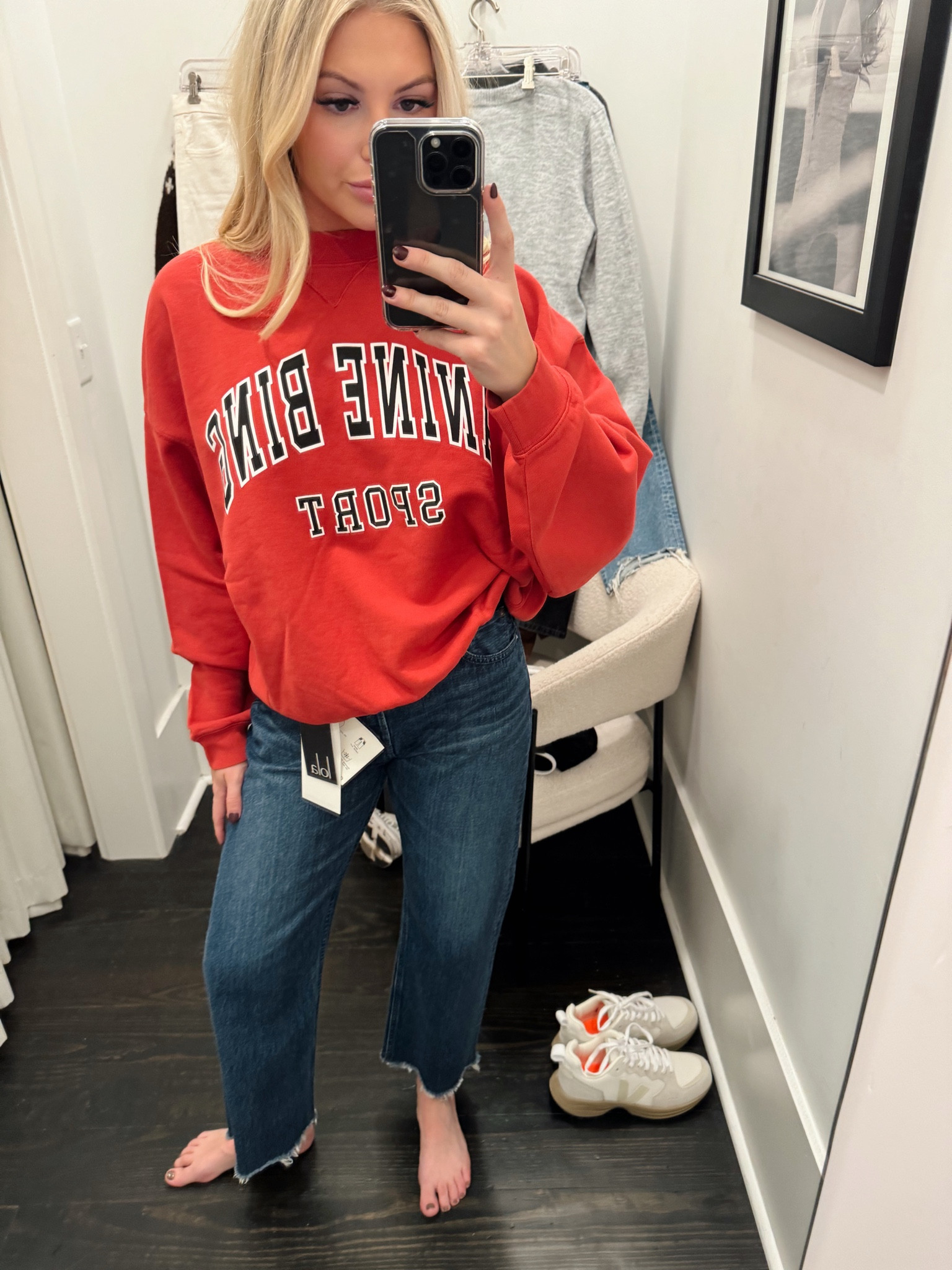 Dressing room pics for mom 🤪🤪 but … this sweatshirt and the Vejas are on my wish list! These jeans are so cute too and gave the barrel effect that is so in right now! 