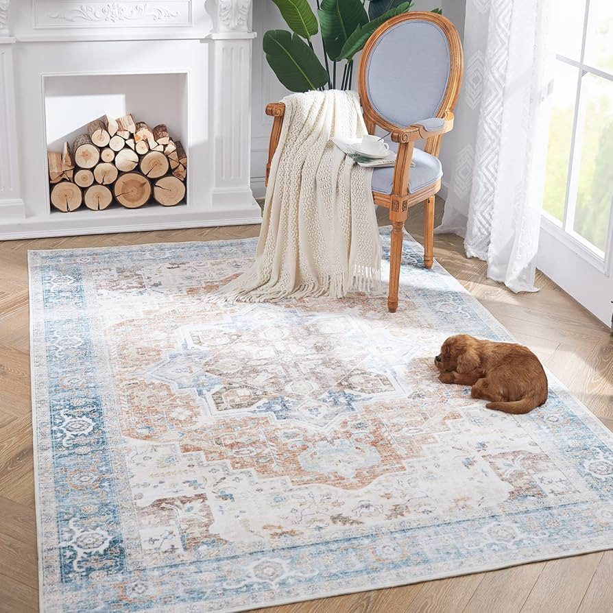 jinchan Area Rug 5x7 Persian Rug Indoor Vintage Rug Floor Cover Blue Orange Print Rug Retro Distr... | Amazon (US)