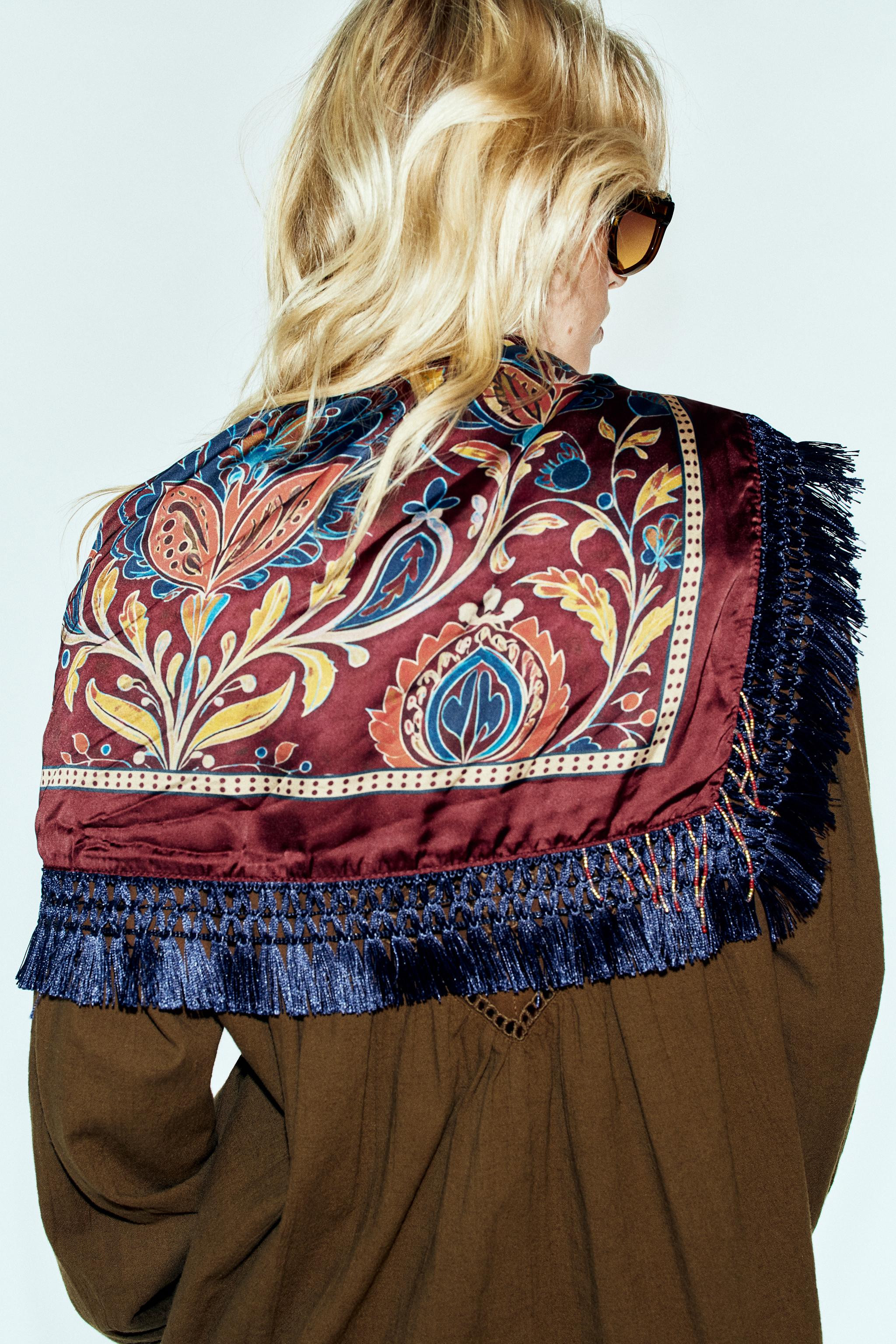 PRINTED FLORAL SCARF WITH BEADED FRINGE | Zara US