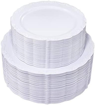 U-QE 100 Pieces White Plastic Plates - White Disposable Plates - Premium Hard Plastic Disposable Pla | Amazon (US)