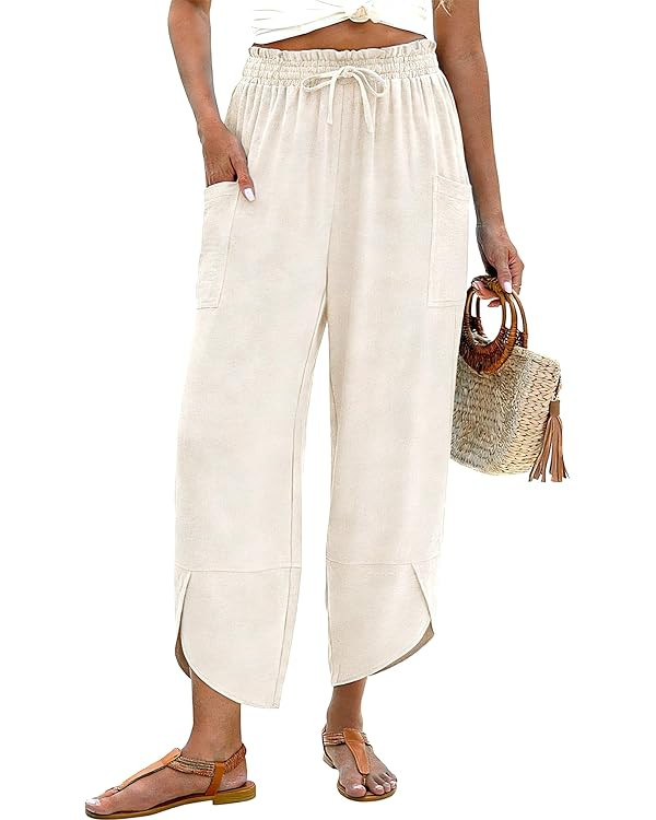 LOMON Women Linen Palazzo Pants Boho Wide Leg Elastic Waisted Casual Capri Pant Summer Harem Loun... | Amazon (US)