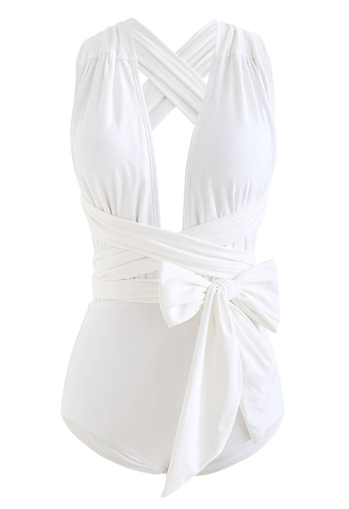 Deep V-Neck Lace-Up One-Piece Swimsuit in White | Chicwish