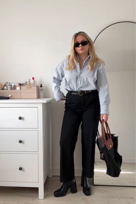 office look: black straight leg trousers, striped blue shirt, longchamp le pliage tote bag, black stretch heeled ankle boots

#LTKeurope #LTKstyletip