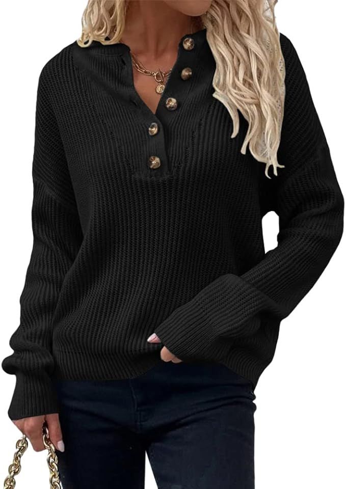 Sovelen Women's Henley Button V Neck Sweaters Long Sleeve Loose Fit Fall Casual Pullover Sweater ... | Amazon (US)
