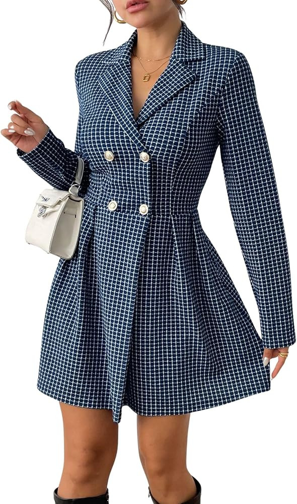 utcoco Women's 2025 Fall Plaid Tweed Dress Notched Lapel Double Breasted Elegant A Line Mini Jack... | Amazon (US)