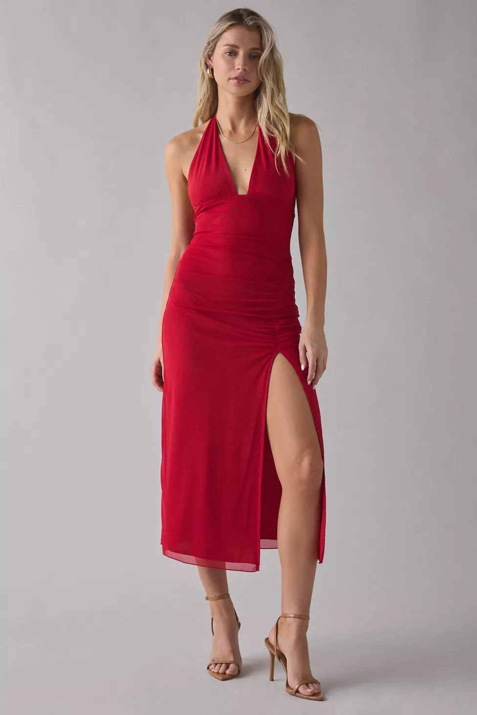 UO Deep Plunge Halter Ruched Mesh Midi Dress | Urban Outfitters (US and RoW)