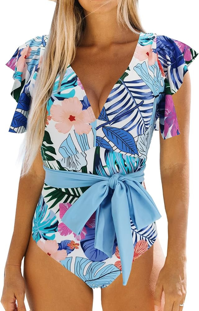 Binlowis Deep V Neck Flounce One Piece Swimsuit Ladies Floral Print Plunging Beachwear Bathing Su... | Amazon (US)
