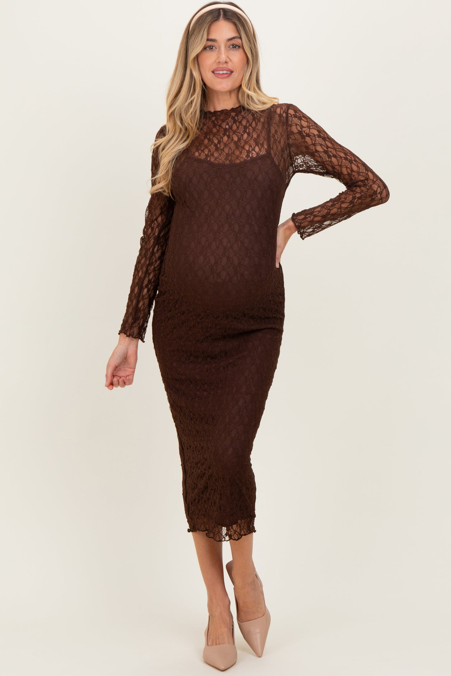 Brown Lace Overlay Fitted Maternity Midi Dress | PinkBlush Maternity