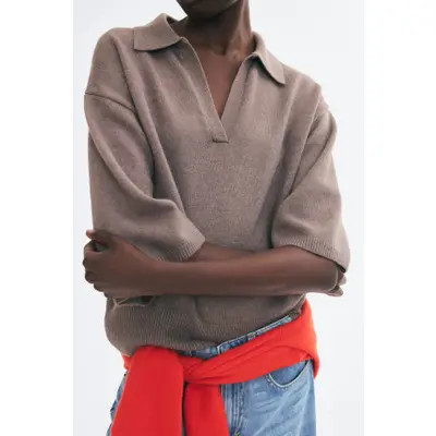 H&M Fine-Knit Polo Shirt in Taupe at Nordstrom, Size Large | Nordstrom