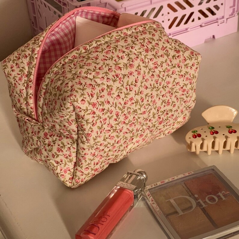 Yellow and Pink Rose Floral With Pink Gingham Lining Quilted Cosmetic Bag - Handmade In The UK ... | Etsy (US)