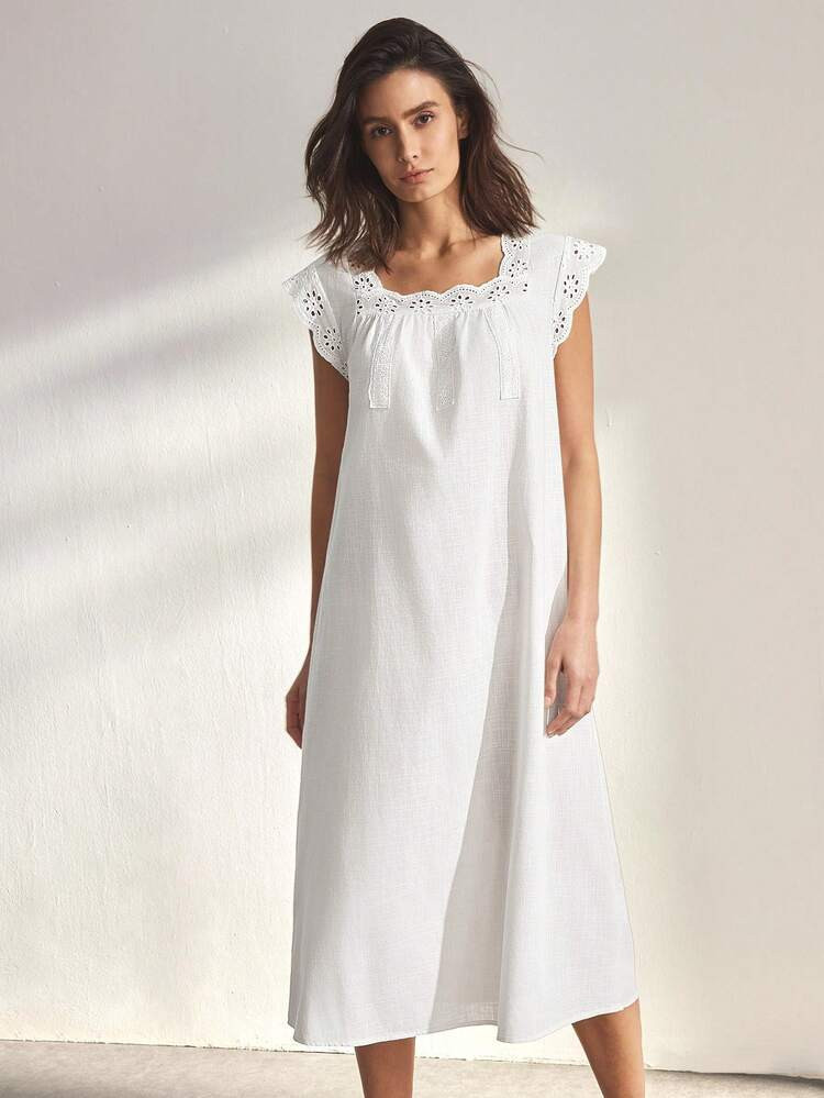 Ocili 100% Cotton Soft & Comfortable Ruffled Bow Tie Sleepwear Dress For Women | SHEIN