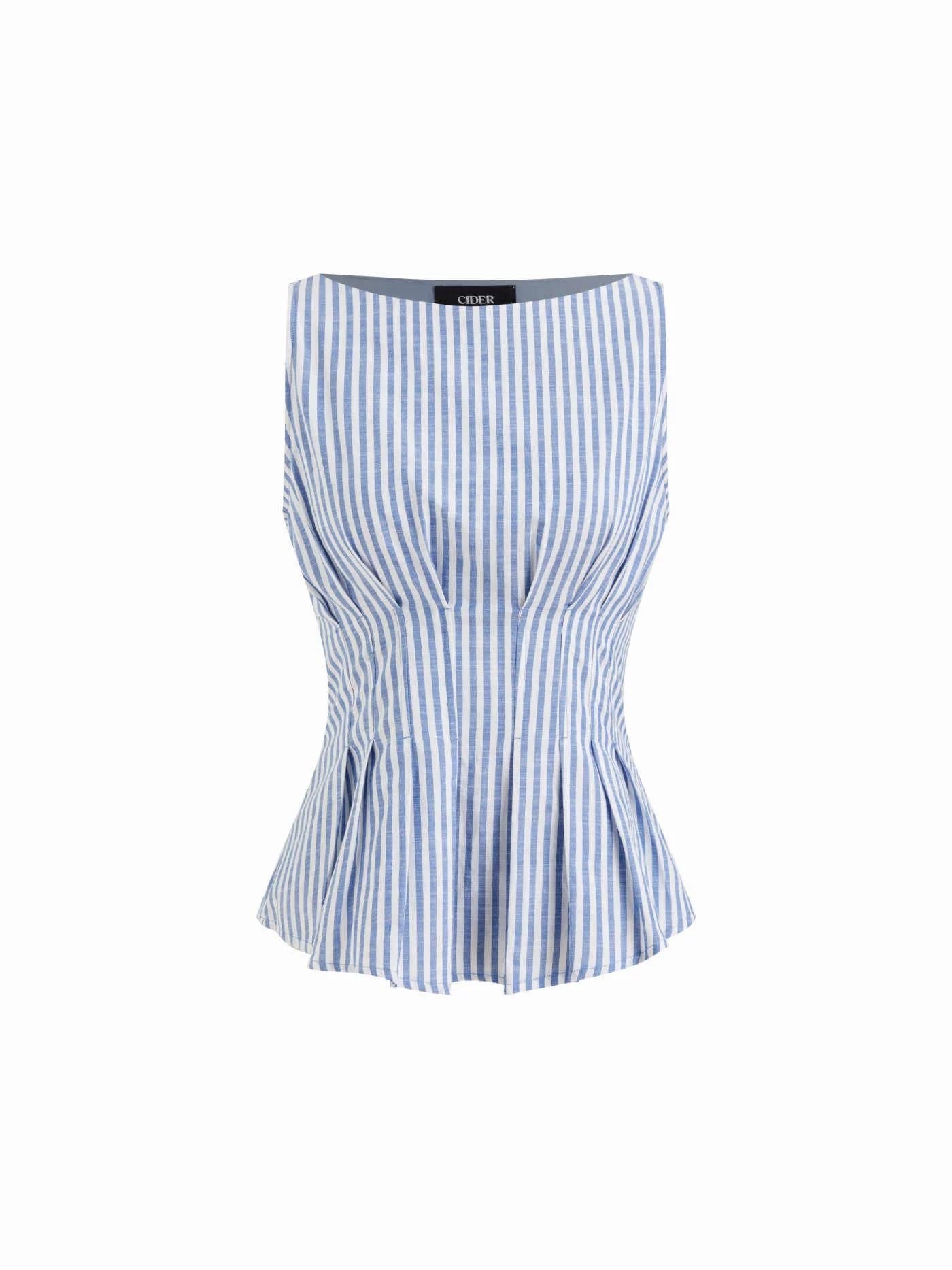 Woven Cotton-blend Boat Neck Stripe Pleated Tank Top For Work | Cider