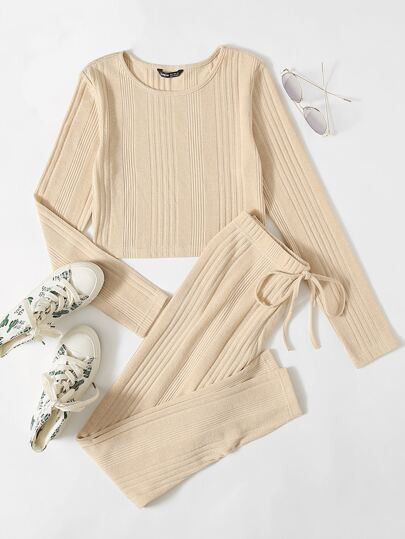 SHEIN Solid Rib-knit Tee & Tie Waist Leggings Set | SHEIN