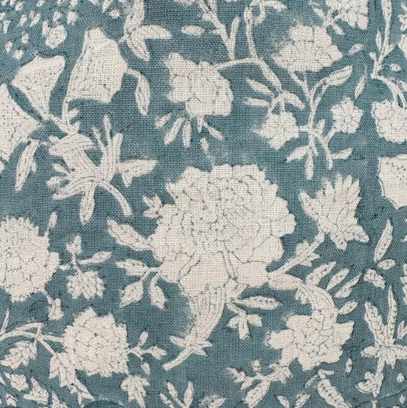 Block Print Linen Pillow, Antique Blue and Natural Floral Linen Pillow Cover, Lumbar Pillow Cover... | Etsy (US)