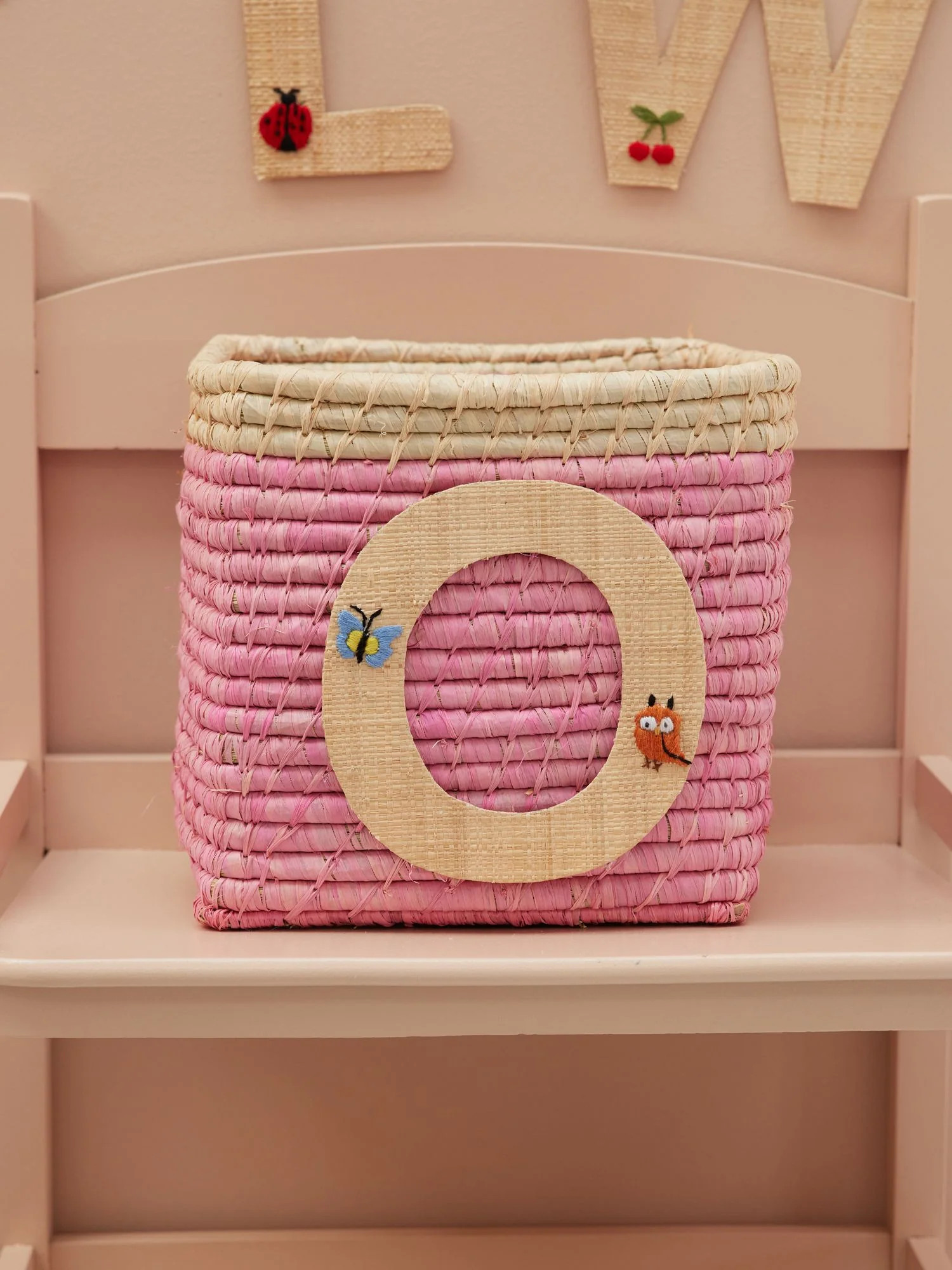Raffia Basket in Soft Pink in Nature Border with One Raffia Letter - O | Rice By Rice
