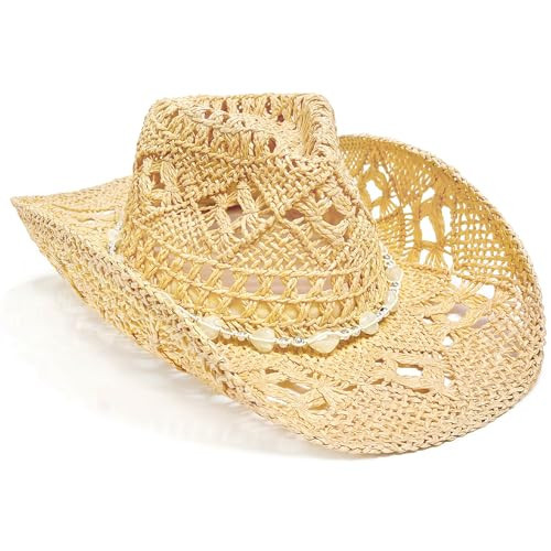 Amlisia Cowboy Hat, Straw Cowboy Hats for Women Men Vintage Western Cowgirl Hat with Shapeable Wide Brim and Beaded Trim White | Amazon (US)