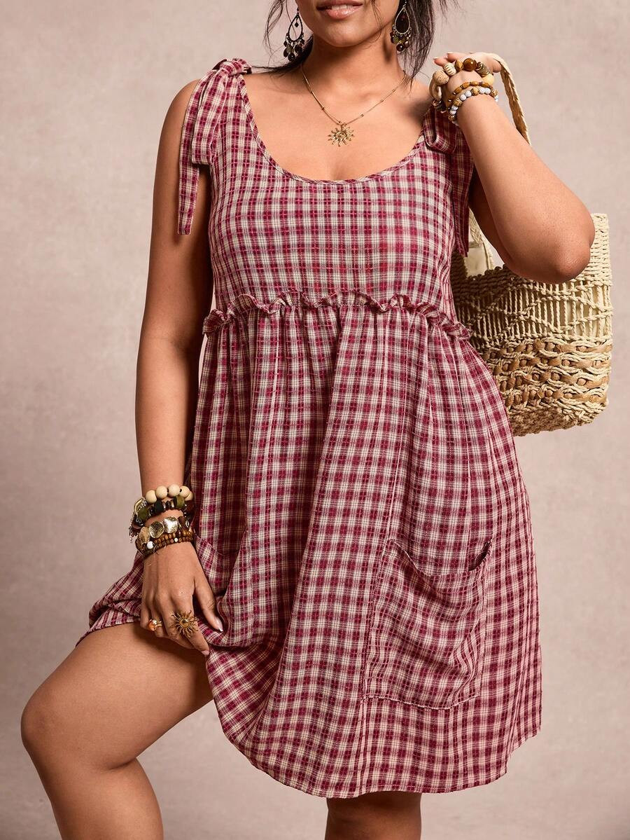 Freevana Plus Size Women Plaid Knotted Shoulder Frill Trim Casual Boho 90s Dress Vacation White S... | SHEIN