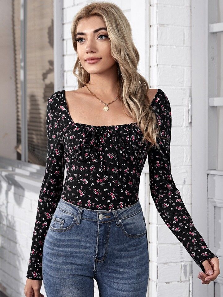 SHEIN Frenchy Tie Front Ruched Bust Ditsy Floral Top | SHEIN