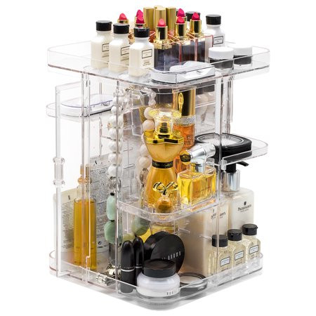 Makeup Organizer 360-Degree Rotating Cosmetic Storage Box, Adjustable Large Capacity Cosmetics Display Case Square Makeup Shelf | Walmart (US)