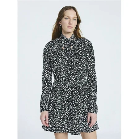 Scoop Women s and Women s Plus Tie Neck Mini Dress with Long Sleeves Sizes XS-4X | Walmart (US)