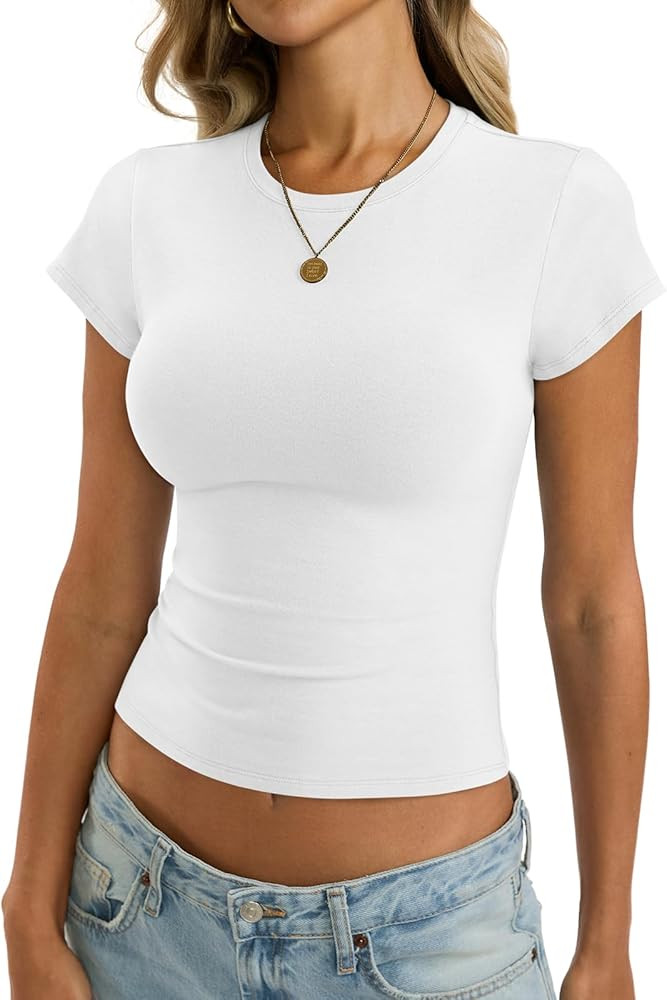 Womens Cotton Crop T Shirts Basic Crew Neck Baby Tee Fitted Going Out Tops Summer Cute Gym Workou... | Amazon (US)