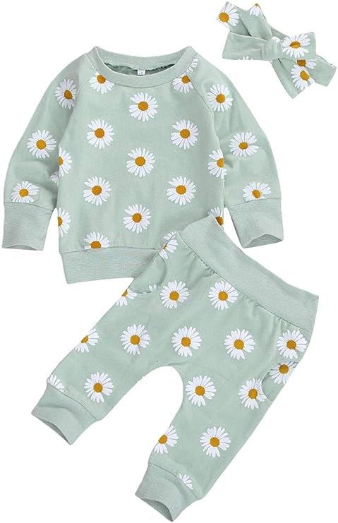 3Pcs Infant Baby Girl Fall Outifts Long Sleeve Daisy Sweatshirt Tops Shirts & Pants Sets Cute Clo... | Amazon (US)