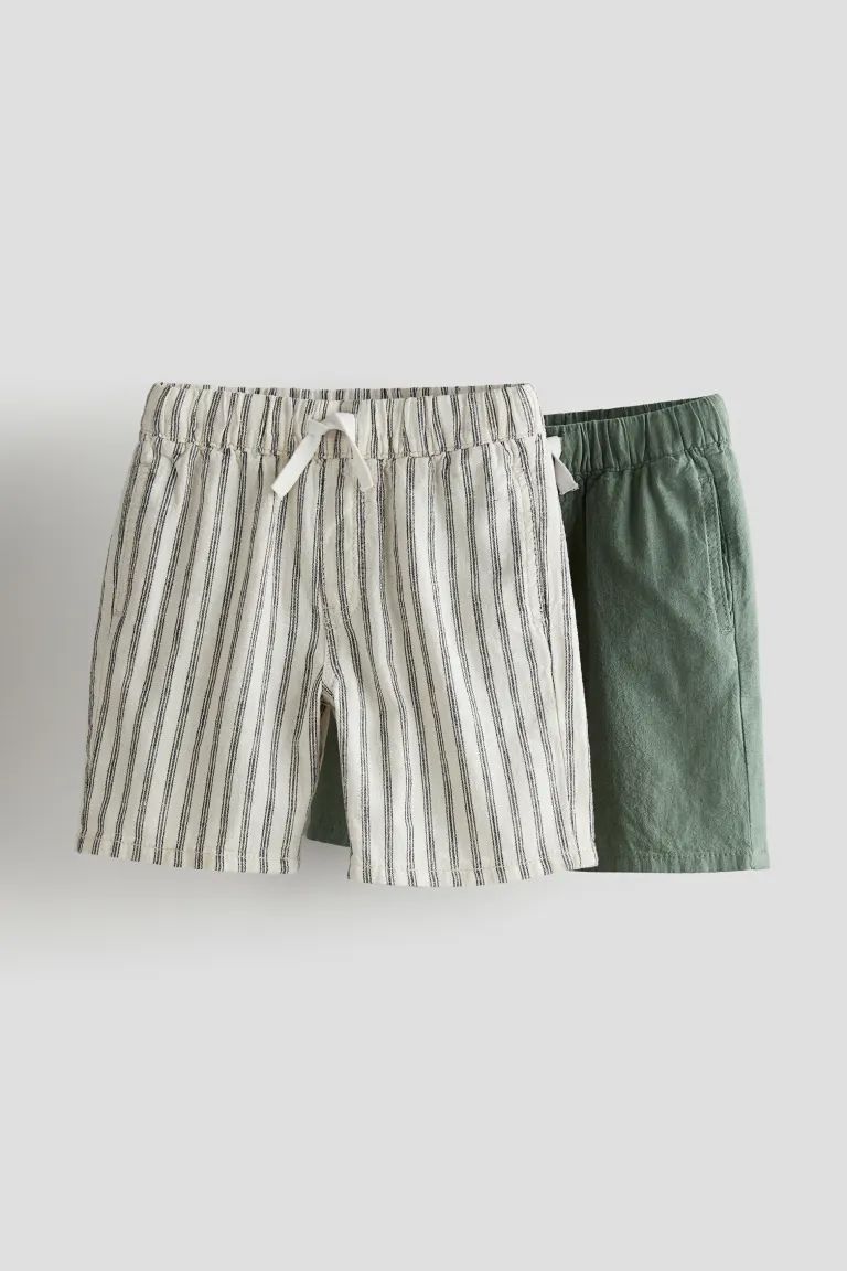 2-pack Linen-blend Shorts - Cream/khaki green - Kids | H&M US | H&M (US + CA)