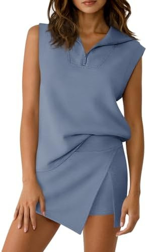 Fisoew Womens 2 Piece Skirt Sets Summer Sleeveless Half Zip Sweatshirt Athletic Skorts Tennis Out... | Amazon (US)