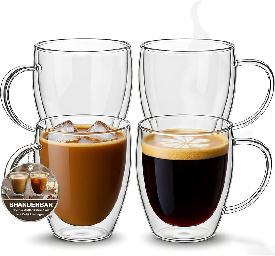 12oz Double Walled Glass Coffee Mugs with Handles, Set of 4 | Amazon (US)