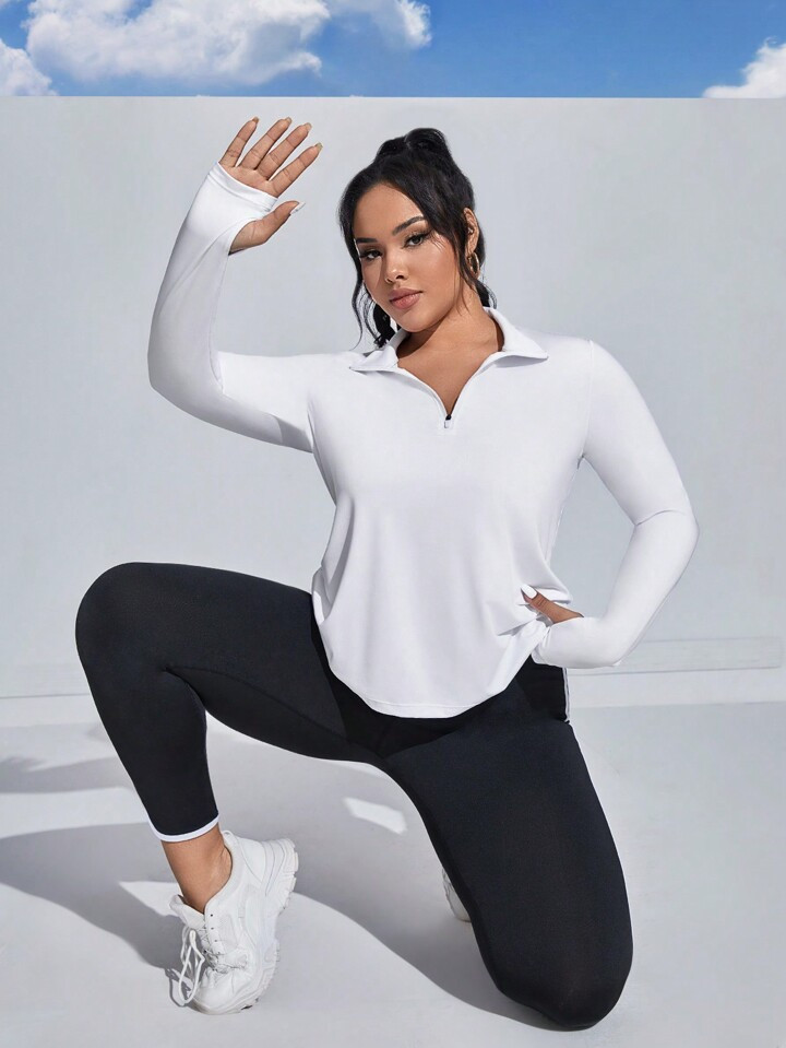 Street Sport Plus Size Stretch Long Sleeve Front Zipper Thumb Hole Sports Sweatshirt | SHEIN USA | SHEIN