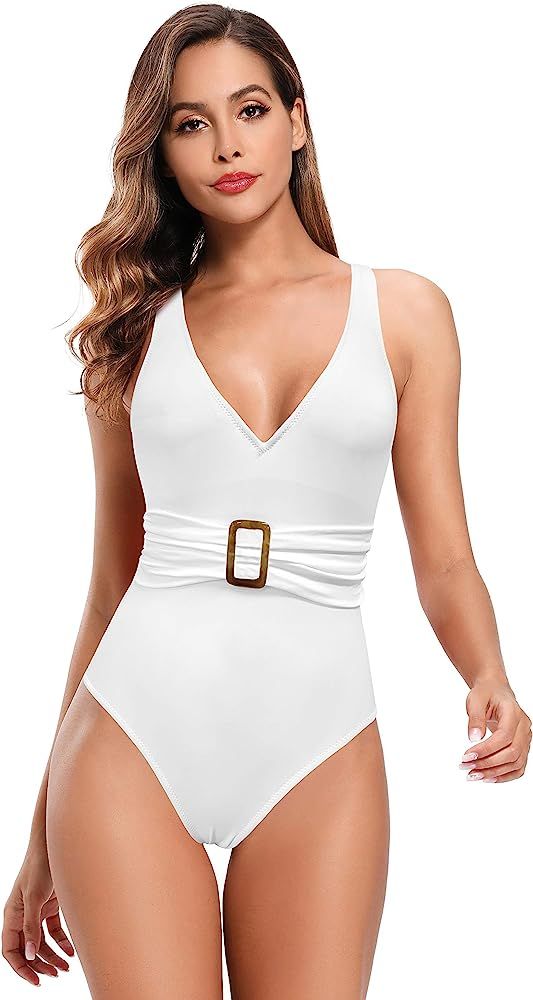 SHEKINI Women's Sexy One Piece Bikini Ruched Swimdress V Neck Swimwear | Amazon (US)
