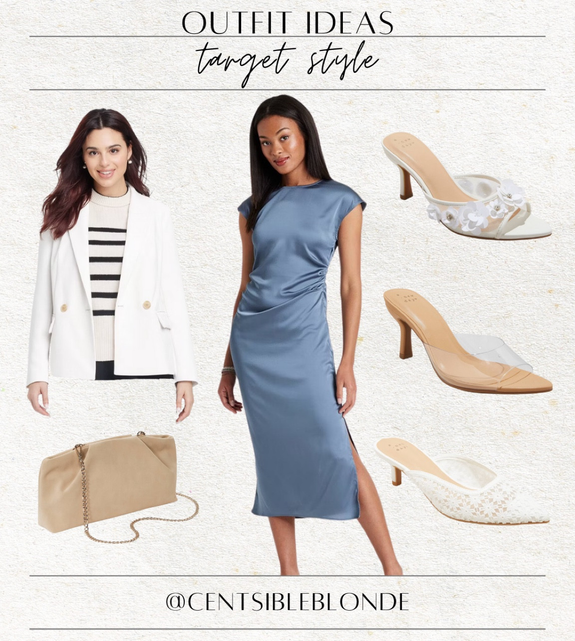 Pointed toe heels, heeled, sandals, neutral clutch, neutral, handbag, tan handbag, workwear, work outfit, work style, target outfit, target style, blazer, blue dress, midi dress, satin dress, spring outfit, meeting, interview, white heels, white blazer, wedding guest outfit, wedding guest dress

#LTKWorkwear #LTKShoeCrush #LTKFindsUnder50