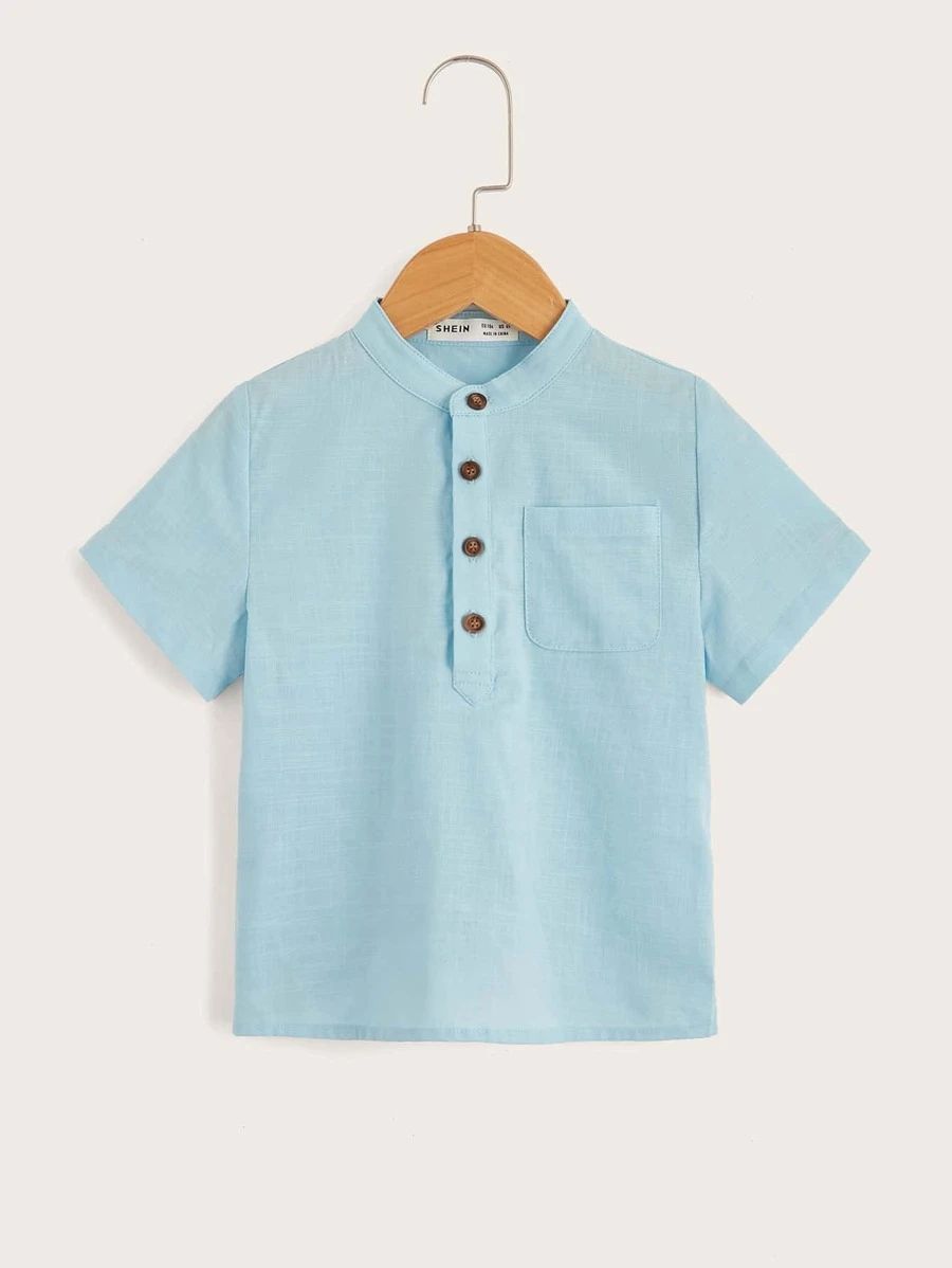 SHEIN Toddler Boys Solid Pocket Patched Half Button Placket Shirt | SHEIN