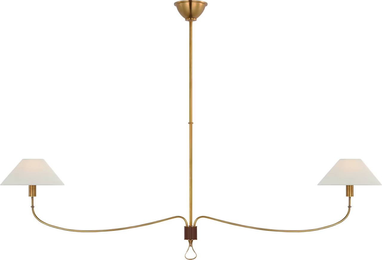 Griffin Grande Linear Chandelier in Hand-Rubbed Antique Brass and Saddle Leather with Linen ShadesVisual Comfort | Visual Comfort