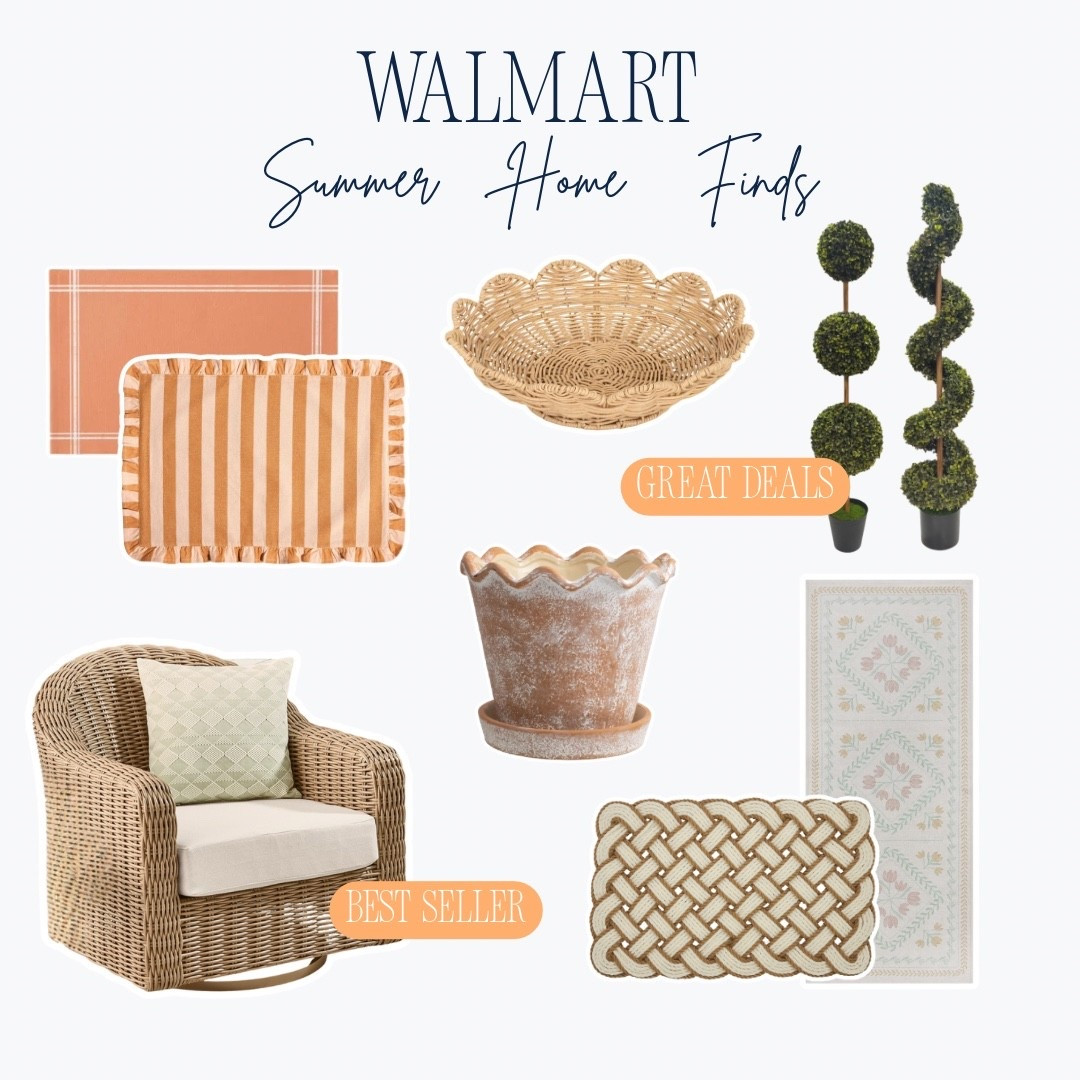 Walmart summer home finds that are giving major interior goals — and the deals on these are unreal 🤍🌿✨ Orange stripe ruffle pillow, terracotta placemats, scallop edge rattan bowl, faux topiary trees, distressed terracotta scallop planter, bestselling wicker swivel chair with cream cushion, braided rope doormat, and the prettiest floral pastel runner rug — everything you need to make your home feel completely summer-ready.

#LTKSeasonal #LTKHome