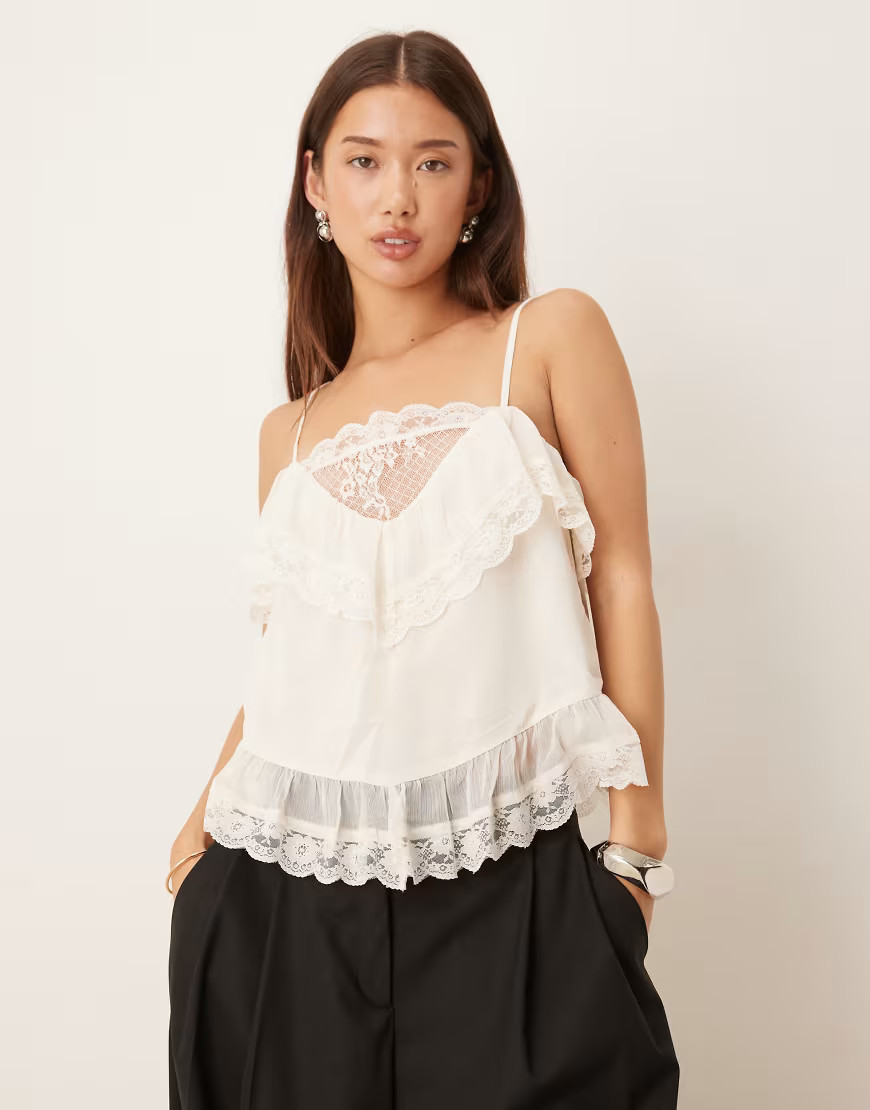 Abercrombie & Fitch frilly lace detail cami top in cream-White | ASOS (Global)