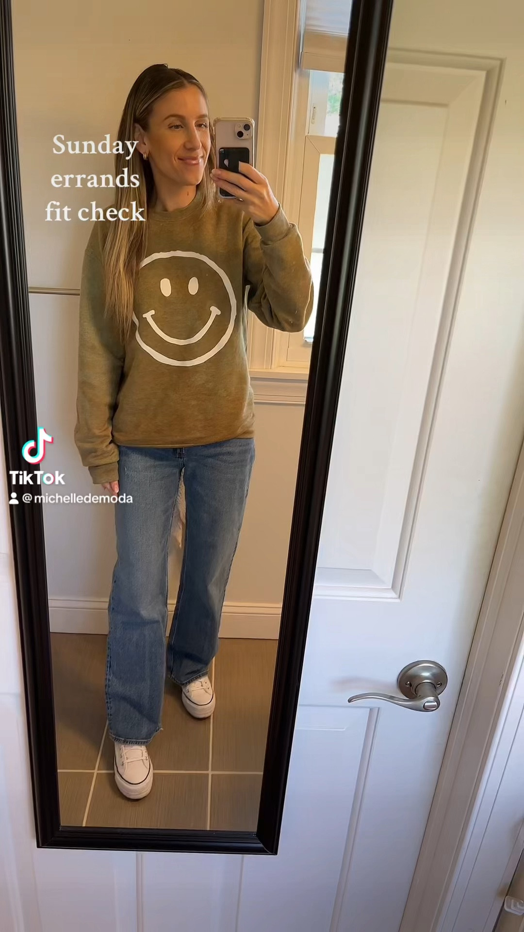 Smiley face crewneck, dad jeans, platform converse, casual outfit

#LTKsalealert #LTKSeasonal #LTKstyletip