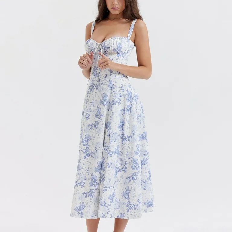 Floral Midi Corset Dress Boho Flowy Slit Lace Up Dresses for Women Going Out A Line Casual Sundre... | Walmart (US)