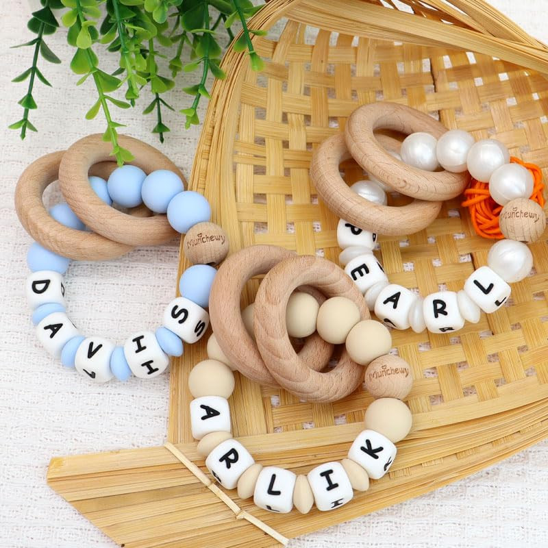 Munchewy Personalized Name Baby Rattle Teether Ring, Customizable Silicone Sensory Chew Bracelet wit | Amazon (US)