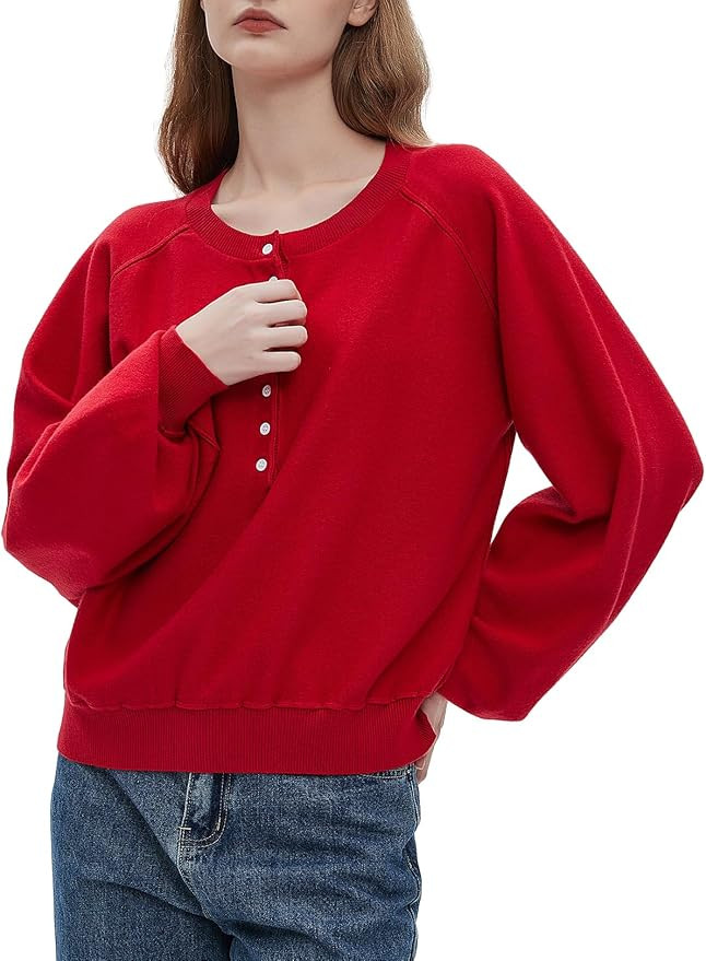 Ladyful Women's Long Sleeve Henley Sweatshirt Button Up V Neck Sweater Loose Cropped Casual Pullo... | Amazon (US)