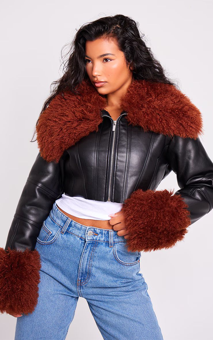 Black Corset Panelled Faux Mongolian Fur Trim Faux Leather Jacket | PrettyLittleThing UK
